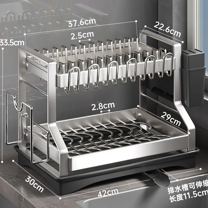 Kitchen Organizer 2 Tier Dish Drying Rack Utensils Storage Rack Bowls Knife Fork Pot Holder Countertop Dinnerware Drainboard