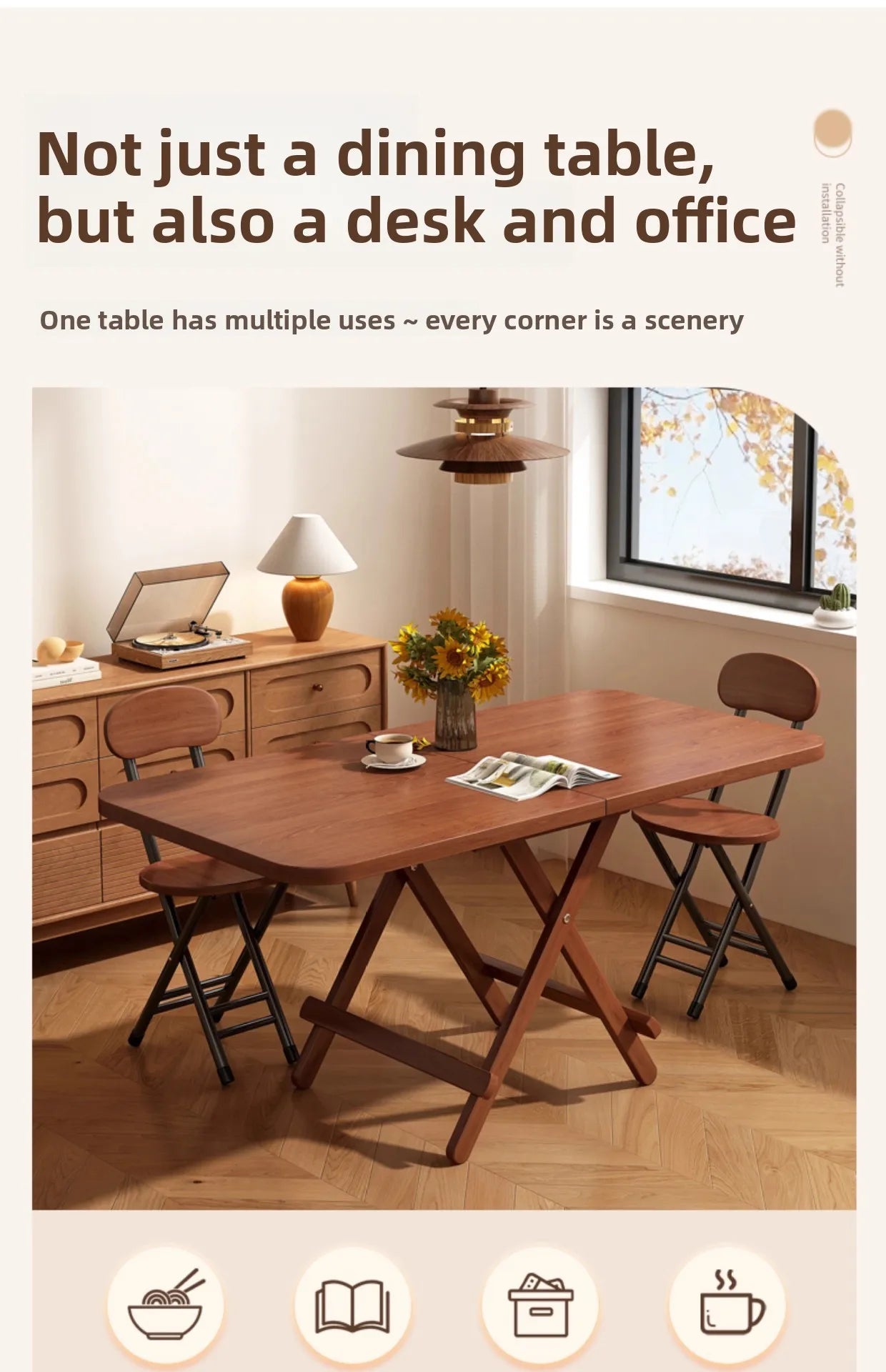 Foldable Dining Table Sturdy Folding Desk for Kitchen Restaurant Furniture No Assembly Needed Study Office Desk Strong Stable