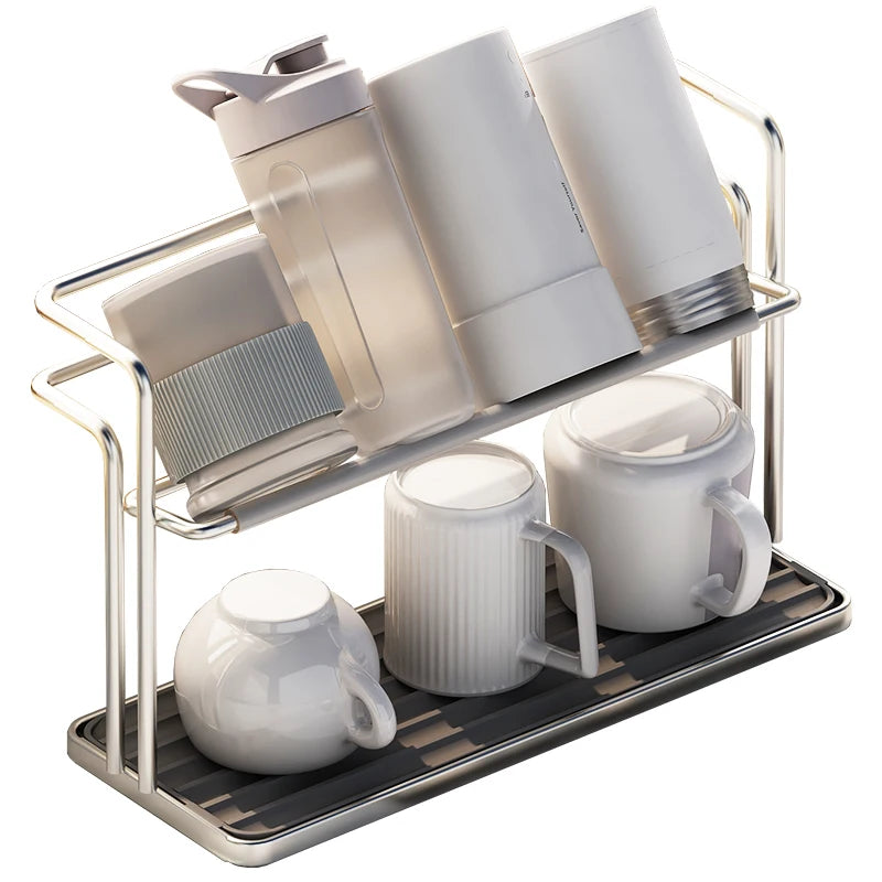 Kitchen Stainless Steel Double-layer Water Cup Rack Hanging Upside Down Teacup Storage Rack Household Tray Shelf