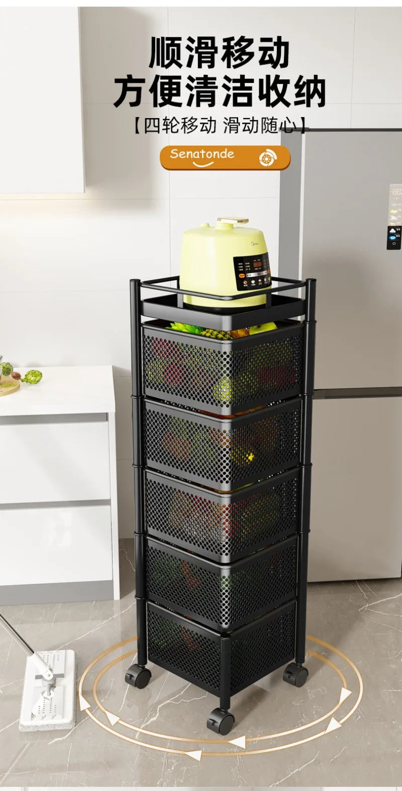 Kitchen Square Shelf with Wheel Storage Rack Kitchen Storage Rotatable Shelf 3 4 5 Layer Rotating Practical Trolley