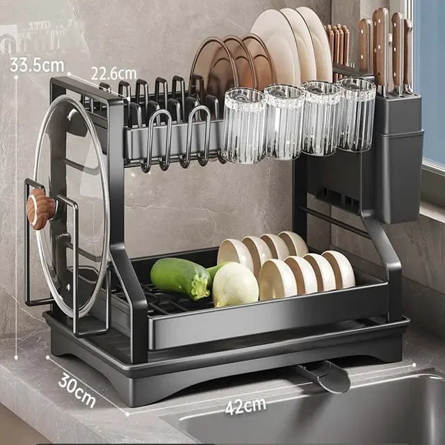 Kitchen Organizer 2 Tier Dish Drying Rack Utensils Storage Rack Bowls Knife Fork Pot Holder Countertop Dinnerware Drainboard