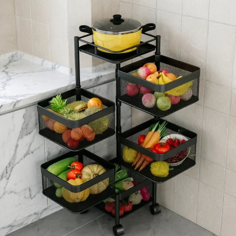 Kitchen Square Shelf with Wheel Storage Rack Kitchen Storage Rotatable Shelf 3 4 5 Layer Rotating Practical Trolley