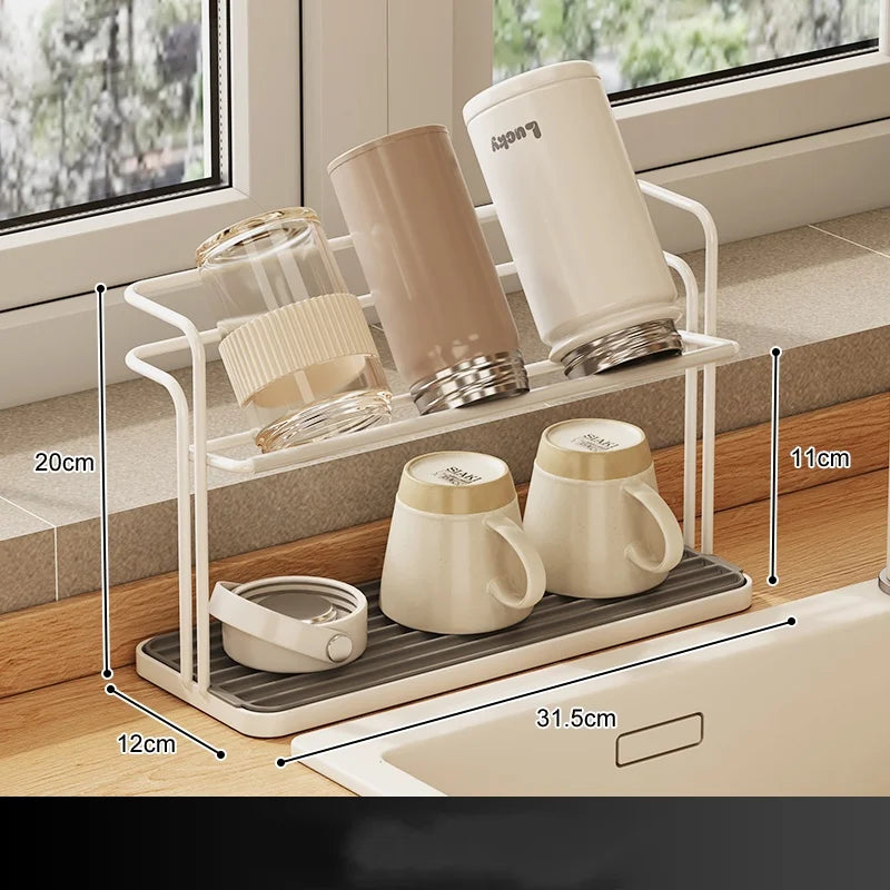 Kitchen Stainless Steel Double-layer Water Cup Rack Hanging Upside Down Teacup Storage Rack Household Tray Shelf