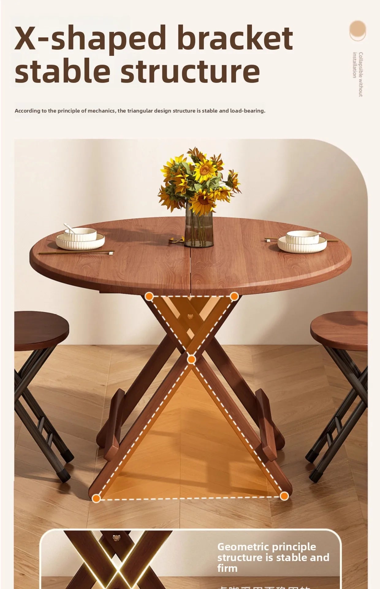 Foldable Dining Table Sturdy Folding Desk for Kitchen Restaurant Furniture No Assembly Needed Study Office Desk Strong Stable