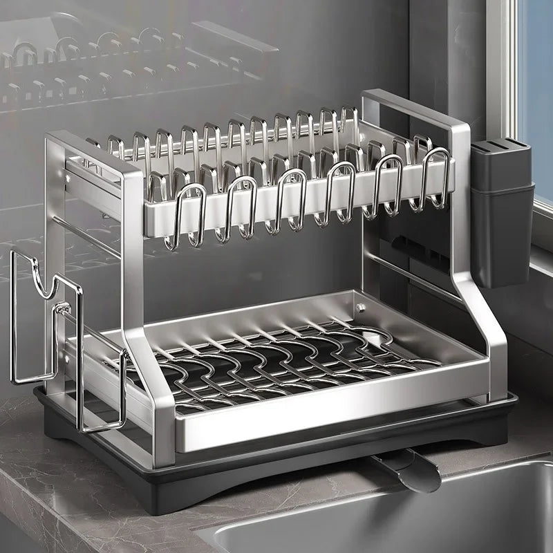 Kitchen Organizer 2 Tier Dish Drying Rack Utensils Storage Rack Bowls Knife Fork Pot Holder Countertop Dinnerware Drainboard