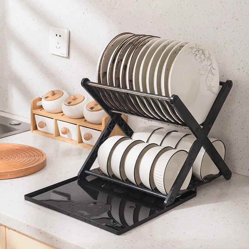 Kitchen Dish Storage Rack Desktop Two-layer Partition Large-capacity Stainless Steel Simple Removable Plate Drain Rack