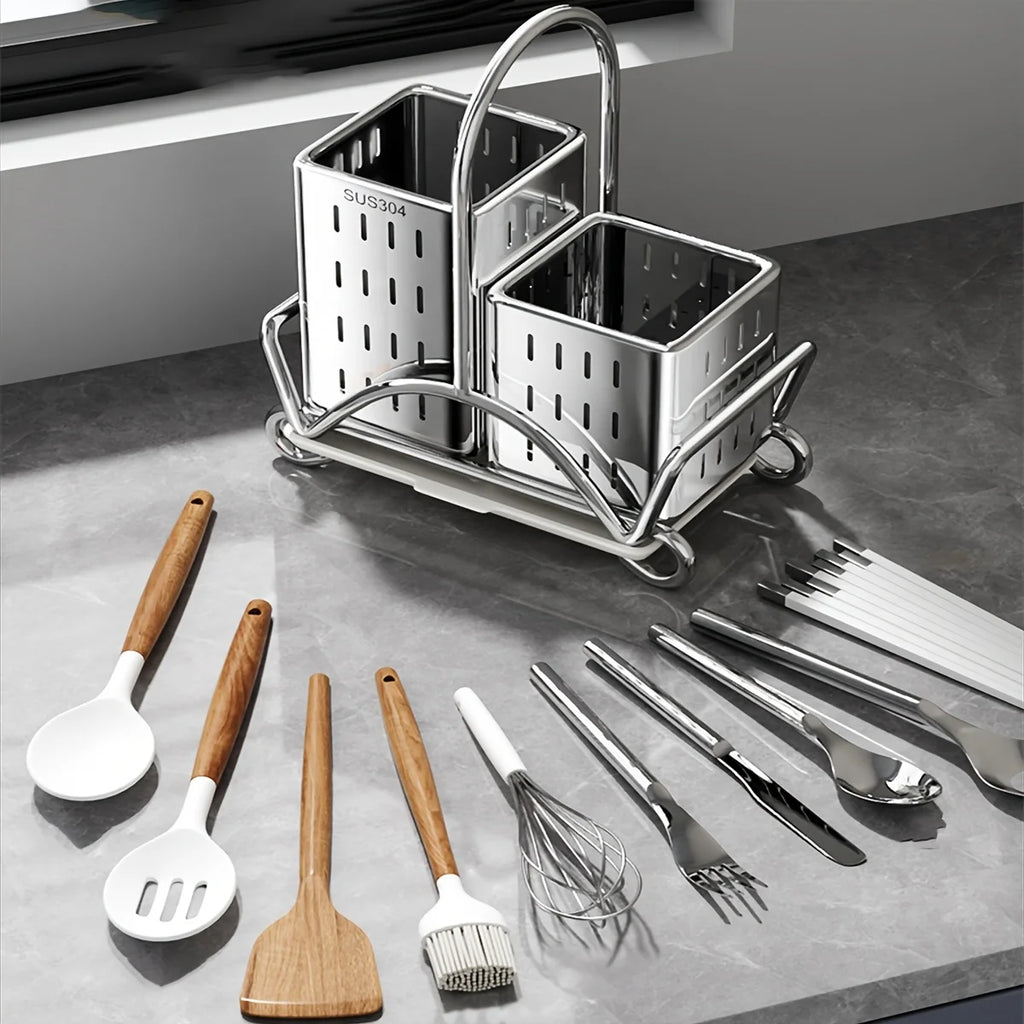 Kitchen Cutlery Organiser, Stainless Steel Utensil Holder for Spoon Fork Knife, Multifunctional Desktop Tableware Storage Rack