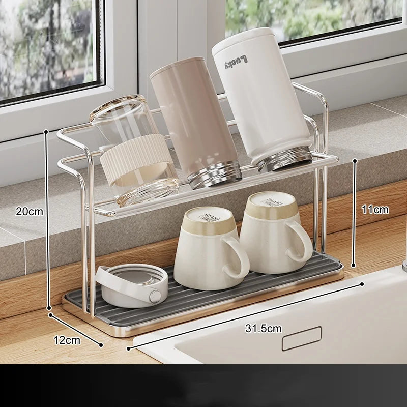 Kitchen Stainless Steel Double-layer Water Cup Rack Hanging Upside Down Teacup Storage Rack Household Tray Shelf