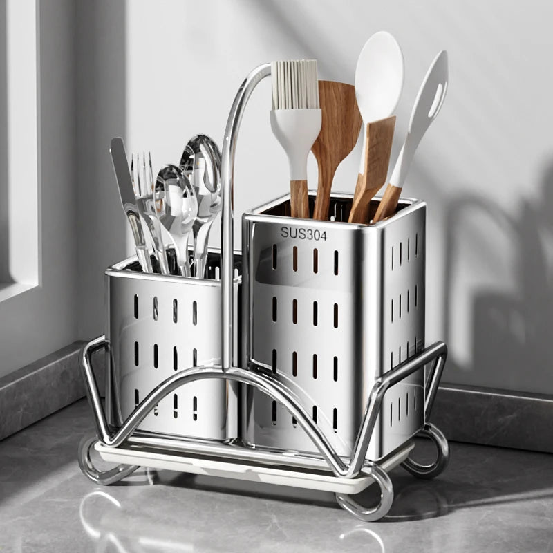 Kitchen Cutlery Organiser, Stainless Steel Utensil Holder for Spoon Fork Knife, Multifunctional Desktop Tableware Storage Rack