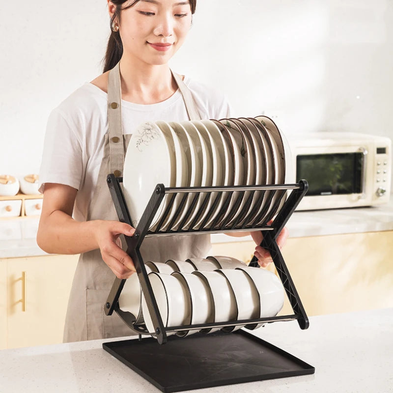 Kitchen Dish Storage Rack Desktop Two-layer Partition Large-capacity Stainless Steel Simple Removable Plate Drain Rack