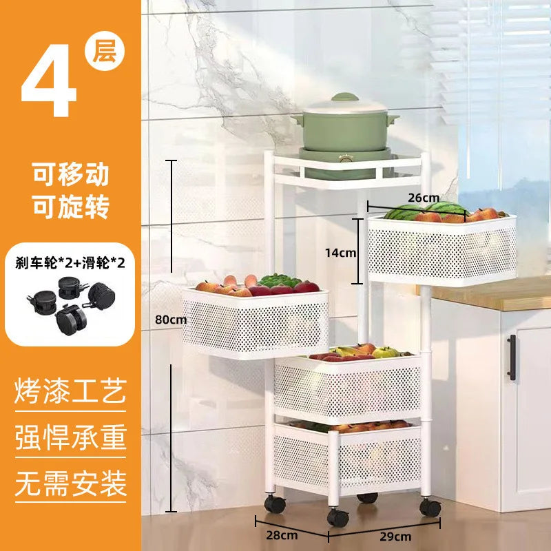Kitchen Square Shelf with Wheel Storage Rack Kitchen Storage Rotatable Shelf 3 4 5 Layer Rotating Practical Trolley