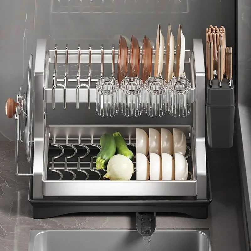 Kitchen Organizer 2 Tier Dish Drying Rack Utensils Storage Rack Bowls Knife Fork Pot Holder Countertop Dinnerware Drainboard