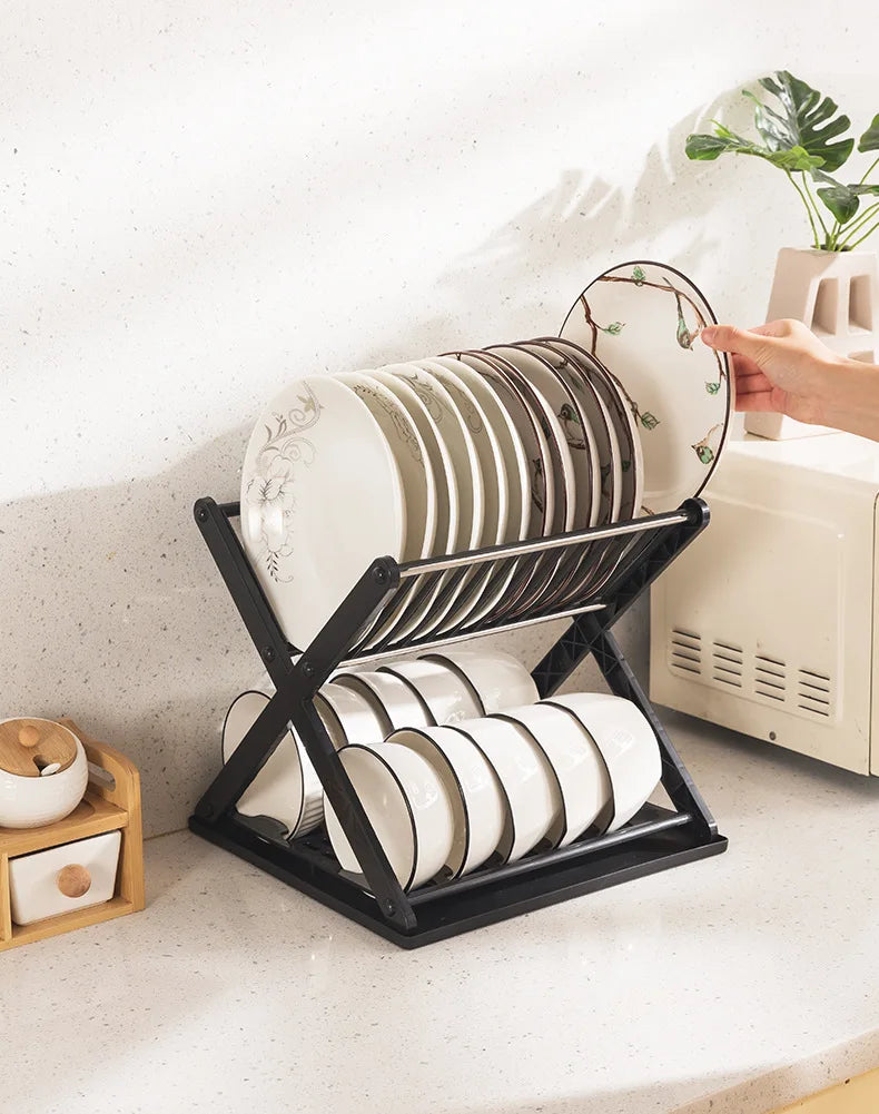 Kitchen Dish Storage Rack Desktop Two-layer Partition Large-capacity Stainless Steel Simple Removable Plate Drain Rack