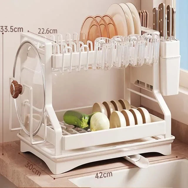 Kitchen Organizer 2 Tier Dish Drying Rack Utensils Storage Rack Bowls Knife Fork Pot Holder Countertop Dinnerware Drainboard