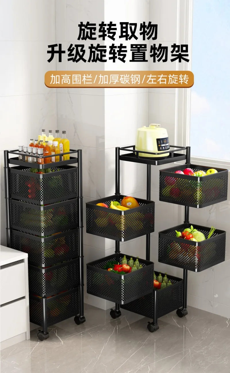 Kitchen Square Shelf with Wheel Storage Rack Kitchen Storage Rotatable Shelf 3 4 5 Layer Rotating Practical Trolley