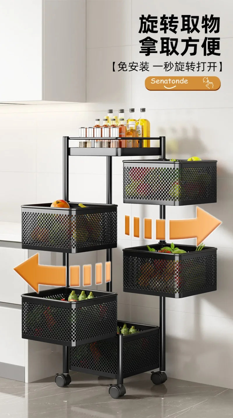Kitchen Square Shelf with Wheel Storage Rack Kitchen Storage Rotatable Shelf 3 4 5 Layer Rotating Practical Trolley