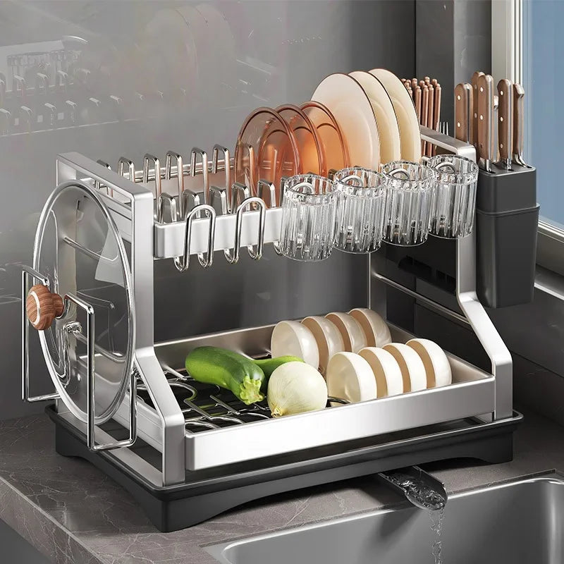 Kitchen Organizer 2 Tier Dish Drying Rack Utensils Storage Rack Bowls Knife Fork Pot Holder Countertop Dinnerware Drainboard