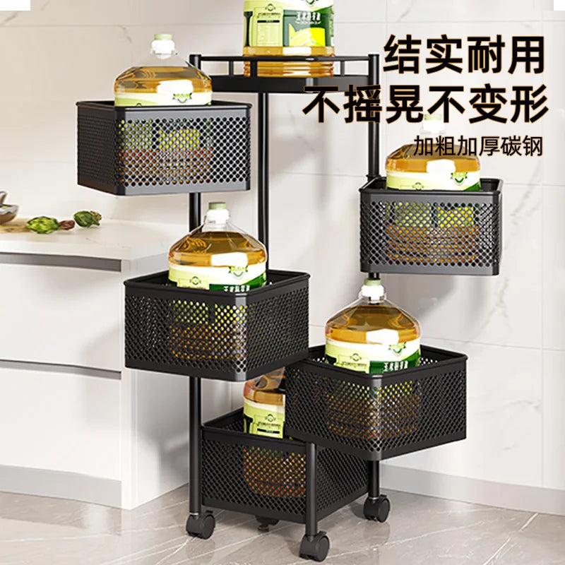 Kitchen Square Shelf with Wheel Storage Rack Kitchen Storage Rotatable Shelf 3 4 5 Layer Rotating Practical Trolley