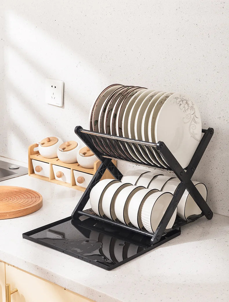 Kitchen Dish Storage Rack Desktop Two-layer Partition Large-capacity Stainless Steel Simple Removable Plate Drain Rack