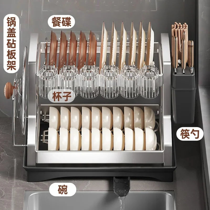 Kitchen Organizer 2 Tier Dish Drying Rack Utensils Storage Rack Bowls Knife Fork Pot Holder Countertop Dinnerware Drainboard