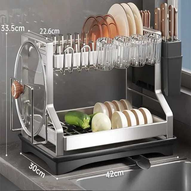 Kitchen Organizer 2 Tier Dish Drying Rack Utensils Storage Rack Bowls Knife Fork Pot Holder Countertop Dinnerware Drainboard